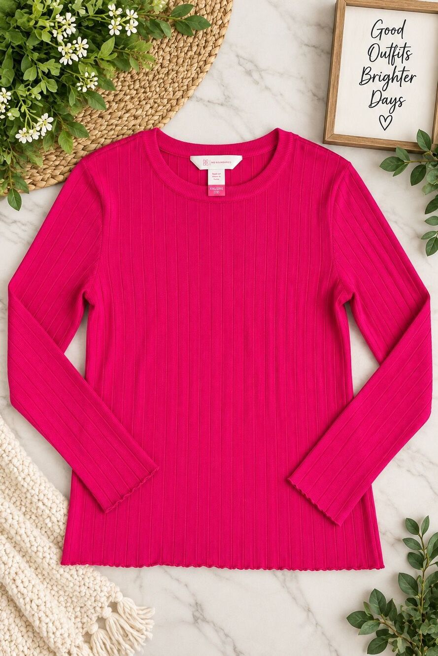 No Boundaries XXL 19 hot Pink Ribbed Knit Long Sleeve Crew Neck Sweater Top Wome